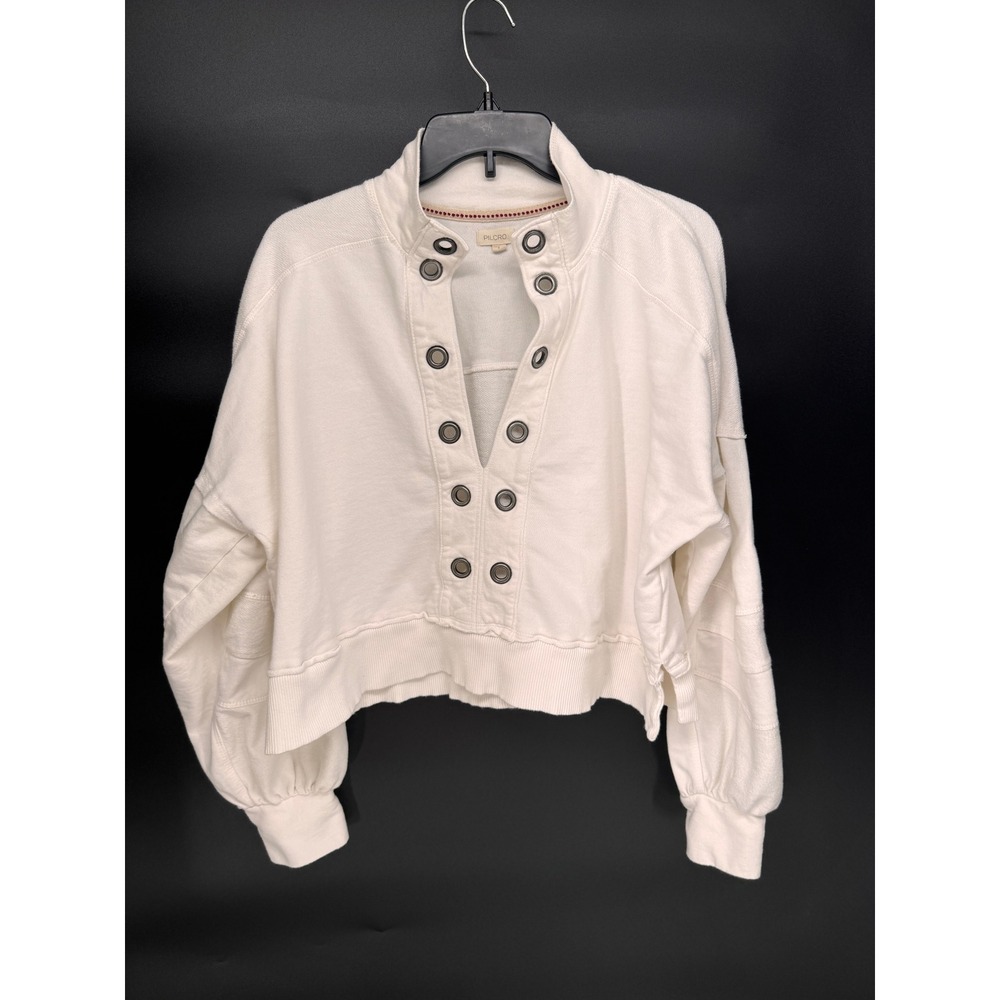 Pilcro Sweatshirt Women L White EUC Grommet Henley Cropped Balloon Sleeve